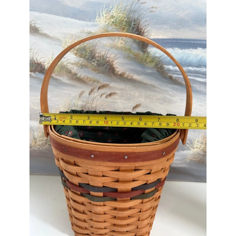 Longaberger 1993 Handwoven Basket Wall Hanging Green Floral Liner Protector